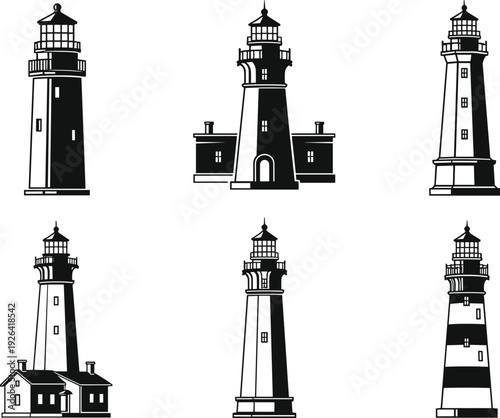 Black Lighthouse Silhouette Icon Set Featuring Traditional Coastal Towers Maritime Navigation Sea Warning Light House Building and Nautical Searchlight Beacon Graphics