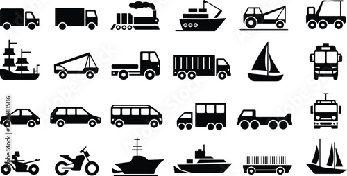 Transport vehicle silhouette icon set, cars trucks ships and construction machinery isolated for logistics and transportation design