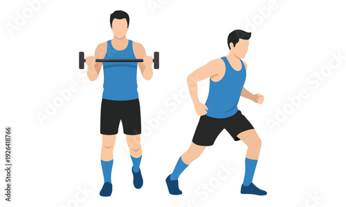 Man Exercising: Bicep Curl with Barbell and Dynamic Running Lunge