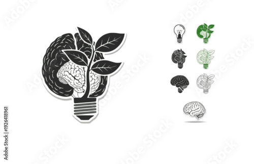 Brain Lightbulb with Sprouting Leaf Sticker Silhouette. Creative Idea and Neurodiversity Mental Growth Concept Vector.