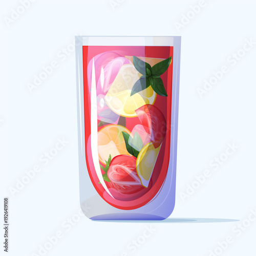 Cartoon-Style Vector Illustration of a Refreshing Summer Lemonade in a Glass. Design of a Tasty Lemonade with Strawberry, Lemon, and Mint. Beverage Design. Lemonade Vector Illustration