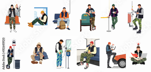 Young adults in urban environments using technology and public transport for daily activities and education, showcasing modern streetwear fashion.