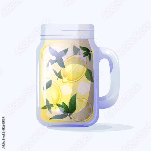  Glass Mug Design with Handle. Vector Illustration of a Cooling Lemon Drink with Mint. Beverage Design with Ice Cubes. Cartoon Style Illustration