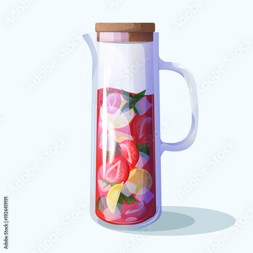 Glass Pitcher Design with Wooden Lid. Vector Illustration of a Summer Drink with Strawberry, Lemon, and Mint in a Glass Container. Cold Drink Design for Hot Weather. Cartoon Style Vector Illustration