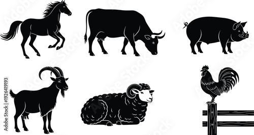 Farm Animal Silhouette Set Featuring Horse Running, Cow Grazing, Pig, Goat, Sheep, and Rooster Sitting on a Fence for Agriculture Branding