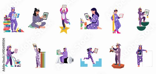 Creative Kids and Adults in Unicorn Pajamas Engaging in Digital Art, Learning, and Playful Expression with Tablets and Art Supplies, Celebrating Imagination and Comfort