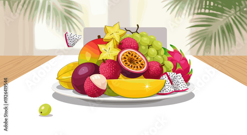 Fresh Fruit Arrangement on White Plate.