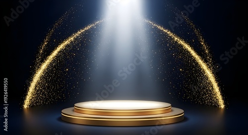 Golden Podium Stage with Spotlight and Sparkling Dust Swirls in Dark Background