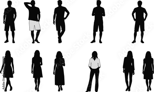 Diverse group of men and women in casual summer shorts dresses confident action poses standing black silhouette vector illustration modern lifestyle
