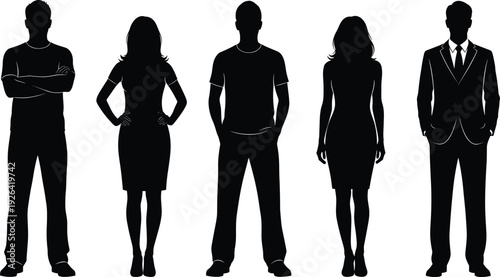 Diverse group of men and women in casual t-shirts jeans dresses confident standing poses arms crossed hands hips black silhouette vector illustration