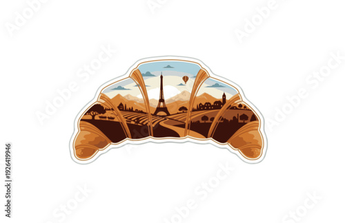 French Croissant Landscape Sticker Silhouette. Local Flavor and European Travel Foodie Concept Design Vector.
