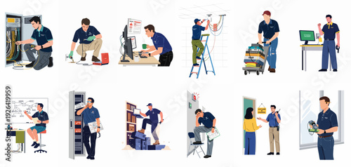 Technology School IT Professionals: Network Installation, Maintenance, Troubleshooting, and Support Services. A comprehensive illustration of technical roles and challenges.