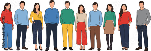 Diverse group of modern professionals in colorful business casual attire sweaters blazers pants skirts standing confidently vector illustration