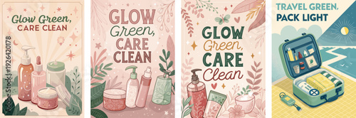 Colorful eco-friendly product illustrations promoting sustainable beauty products.