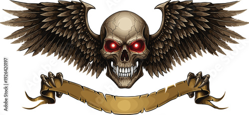 Gothic Winged Human Skull with Glowing Red Eyes Holding a Vintage Blank Parchment Ribbon Banner for Custom Text Isolated Illustration for Dark Fantasy Designs