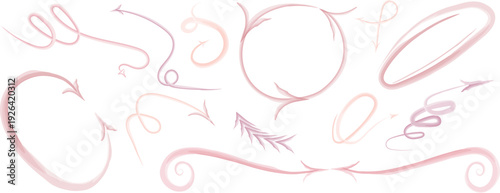 Watercolor arrow and flourish set. Vector hand drawn design in a soft pastel pink and dusty rose palette for vintage-themed designs and note visuals.