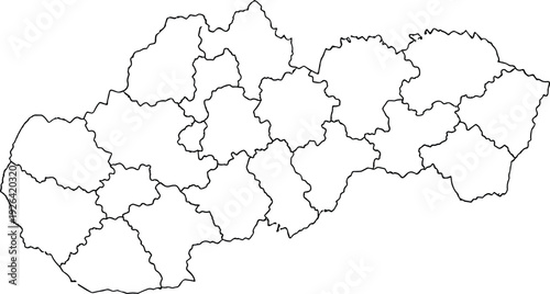 Detailed Blank Outline Map of Slovakia with Administrative Region and District Borders for Central Europe Geography Education Cartography and Professional Design Projects