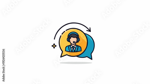 Customer service representative in speech bubble.