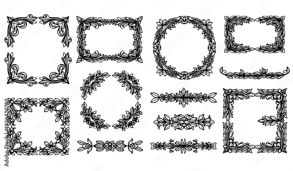 Obraz premium SEO Title: Floral Ornamental Decorative Frame Vector Set with Botanical Borders