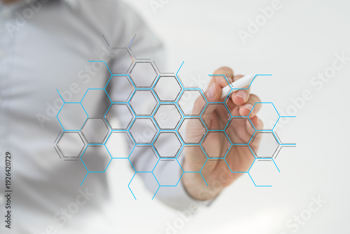 Quadro em tela Close-up of hand drawing a digital hexagon network