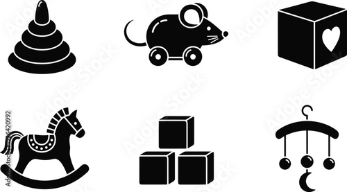 Baby Toy and Nursery Icon Set Including Rocking Horse, Stacking Rings, Toy Mouse, Building Blocks, Heart Cube, and Hanging Mobile Silhouette