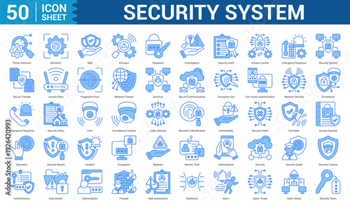 Security System blue style Icon Set Collection Editable Concept With Icon Of threat detection, biometric, safe, intrusion, password, access control, and more. Illustration eps 10