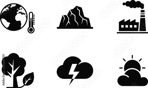 Global Warming and Climate Change Icon Set Including Global Temperature Glacier Melting Industrial Pollution Factory Tree Ecology Storm Cloud and Weather Icons