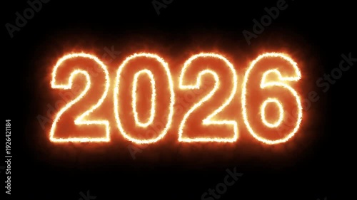 Happy New Year 2026, Fire Flame Burning Text on Black Background
