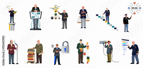 Comprehensive collection illustrating senior military leaders demonstrating leadership principles, strategic planning, ethical decision-making, team management, education, and digital innovation.