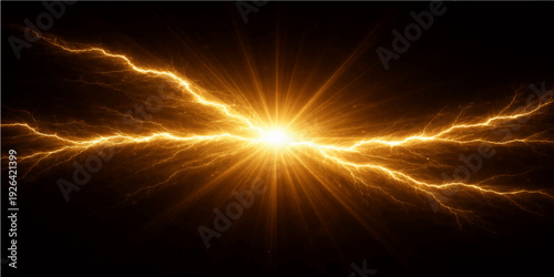 Abstract sun and lightning burst against a glowing orange sky featuring a hot solar energy explosion with bright rays of fire and light in a motion art design