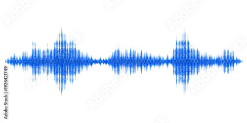 A blue digital technology design featuring a music equalizer wave vector and audio pulse waveform illustration with light frequency lines and a medical heart heart rate graph
