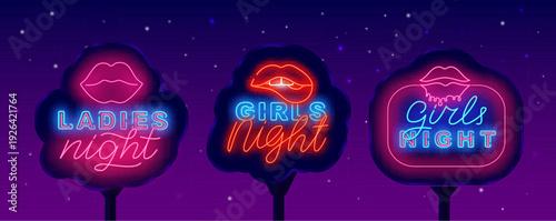 Ladies night neon street billboards collection. Glowing outdoor banners. Girls only. Glowing signs. Free enter for female. Shiny invitation. Vector illustration