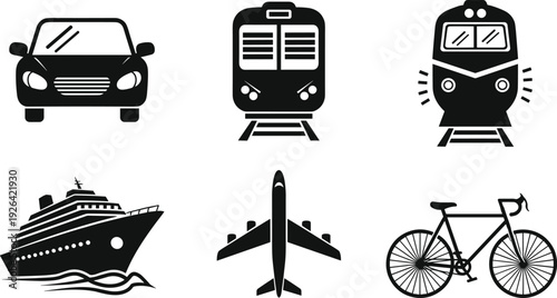 Transportation and Travel Icon Set Featuring Car Passenger Train Cruise Ship Airplane Bicycle and Locomotive Silhouettes for Global Logistics and Commuting