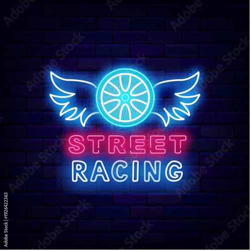 Street racing neon label. Car tournament. Motorally show. Wheel with wings. Editable stroke. Vector stock illustration