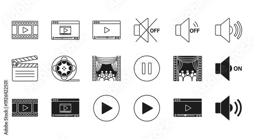 Collection of multimedia control icons displayed on a digital interface showcasing various media playback functions