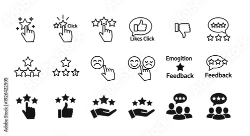Collection of line icons and symbols illustrating interaction, feedback, and emotions in a simple, monochromatic style on a white background