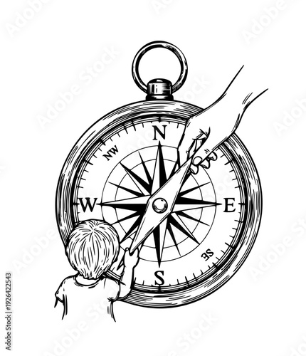 Conceptual Illustration of Mother and Child Hands on a Compass