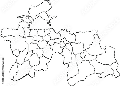 Detailed blank outline map of Tajikistan with administrative districts borders and regional divisions for geography education, professional cartography and infographic design projects