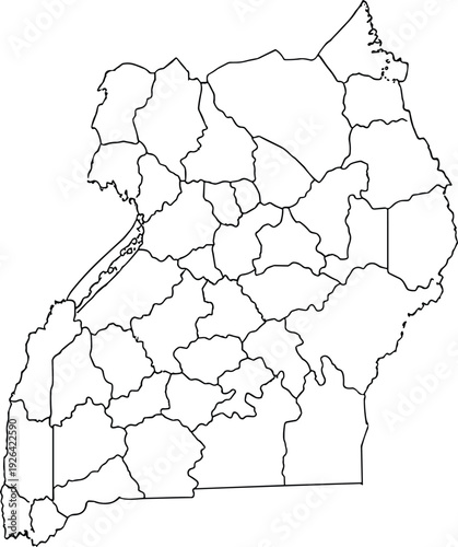 Detailed blank outline map of Uganda with administrative district borders and regional divisions for geography education professional cartography and infographic design projects