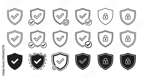 Collection of shield icons with checkmarks and locks in various styles and shading