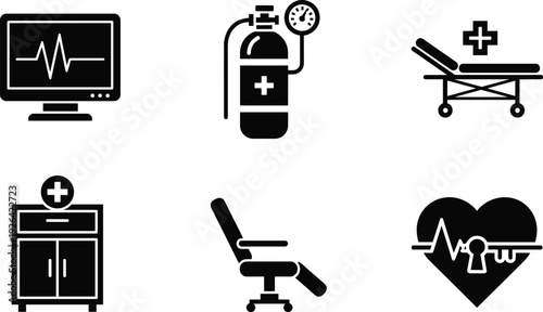 Medical and Healthcare Icon Set Including Heart Rate Monitor Oxygen Tank Hospital Bed Medical Cabinet Examination Chair and Heartbeat EKG Pulse