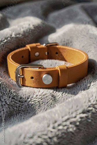 Tan vegan leather pet health tracker collar on soft blanket