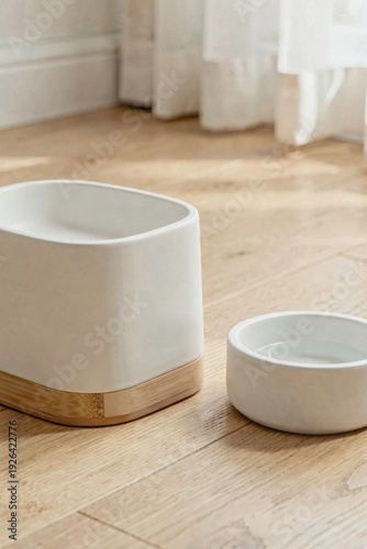 Minimalist white ceramic and bamboo smart pet bowl on floor