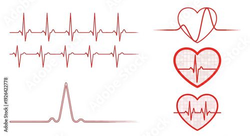 Medical heartbeat line art icons displaying various cardiogram rhythms and heart symbols in a simple red design on a clean background