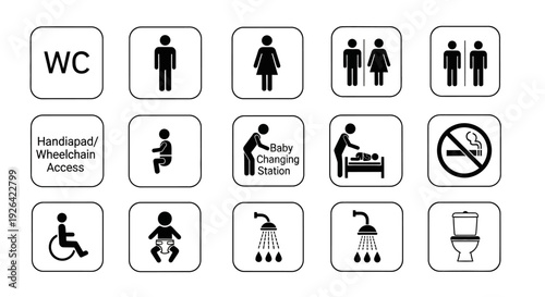 Black and white icons representing various restroom facilities and accessibility features in a grid layout