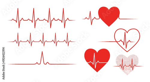 Medical illustration of heartbeat and heart icons on a clean white background from a straightforward viewpoint