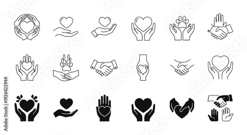 Collection of hand and heart symbols, various line art and solid designs, representing love and unity.