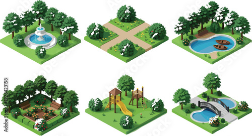 Isometric city park vector elements set featuring water fountain garden pond with boats playground slide wooden bridge flower beds and trees for map design