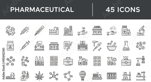 Collection of 45 pharmaceutical icons representing various medical and scientific concepts in a simple line art style