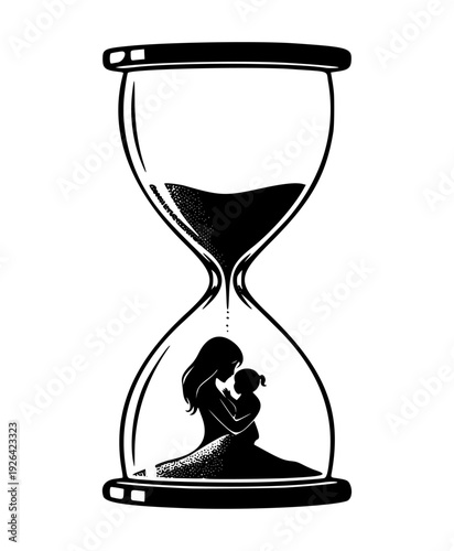 Conceptual Illustration of Mother and Child Silhouette inside an Hourglass